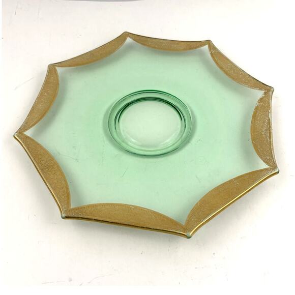 VTG Green Depression Octagon Glass Plate Glassware Floral Gold Trim - Picture 1 of 12